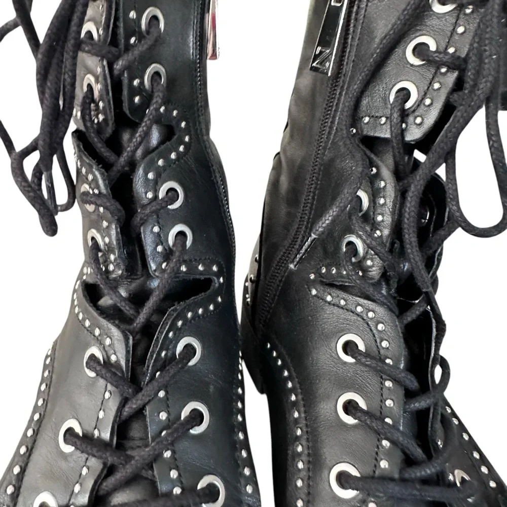 Zara Black Leather Lace Up Biker Chelsea Studded Punk Goth Ankle Boots Size 37 - Picture 12 of 15